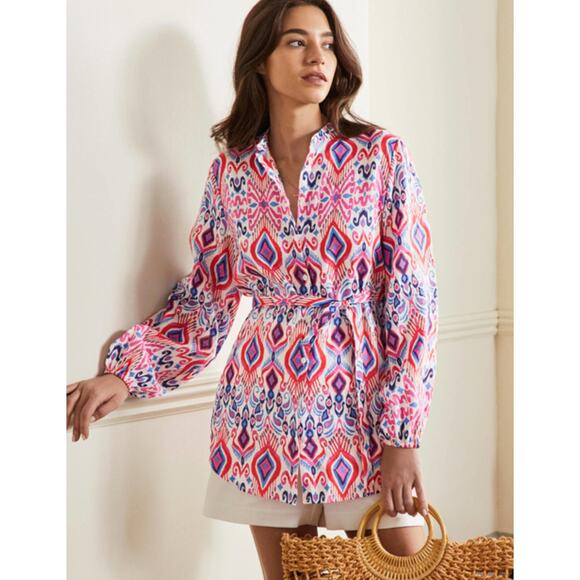 BODEN Rosie Linen Shirt Ikat Paradise Multi Red Blue Sz 2 {PP26} - Picture 1 of 6